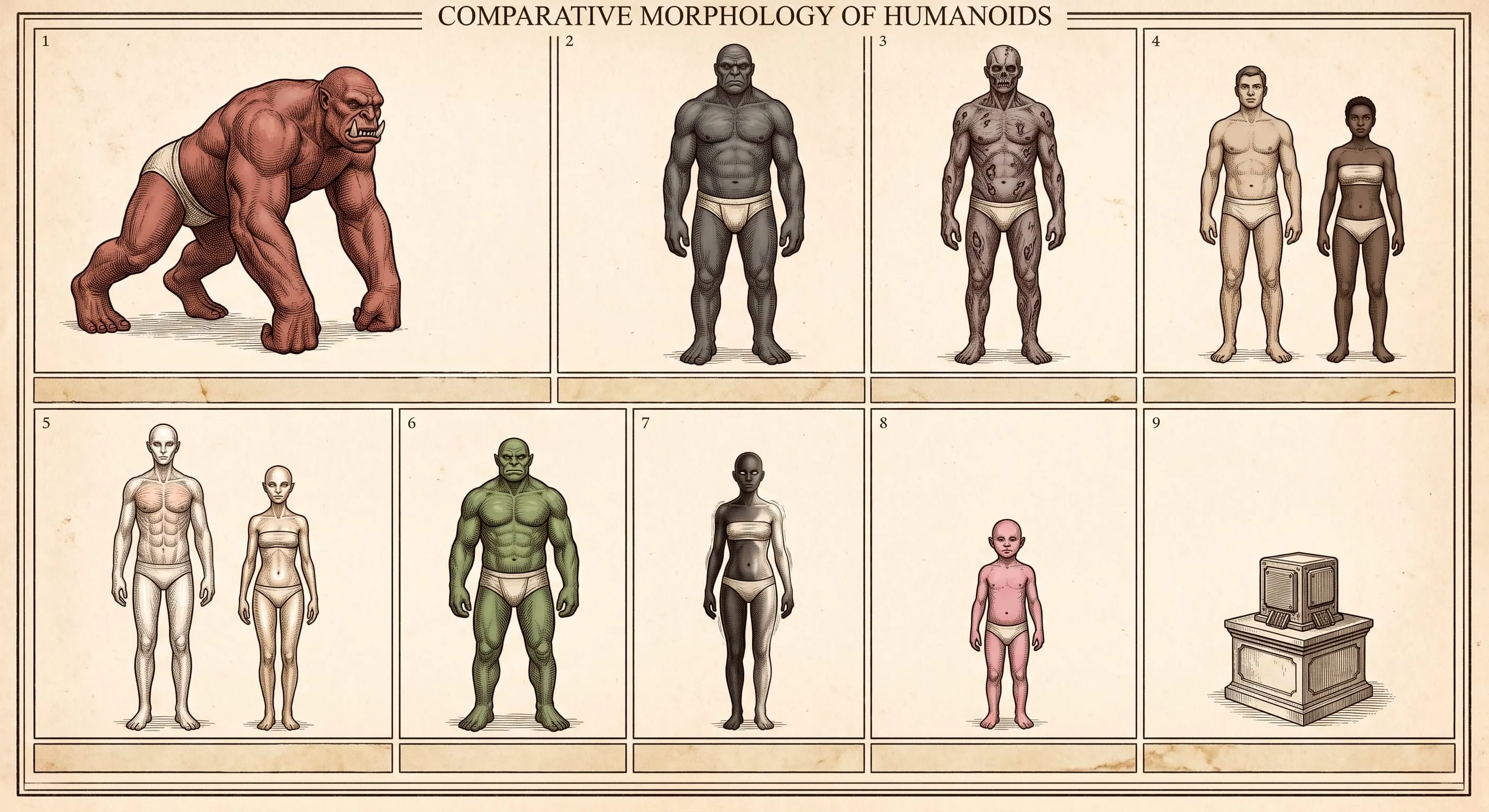 The Galactic Council taxonomic plate: engraved specimen drawings of Jark, Mateen Collective, Radaishar, Hestonian, Tassian, Desponian, Lysop, Pisky, Awakened Intelligence, drawn to a common scale on aged paper.
