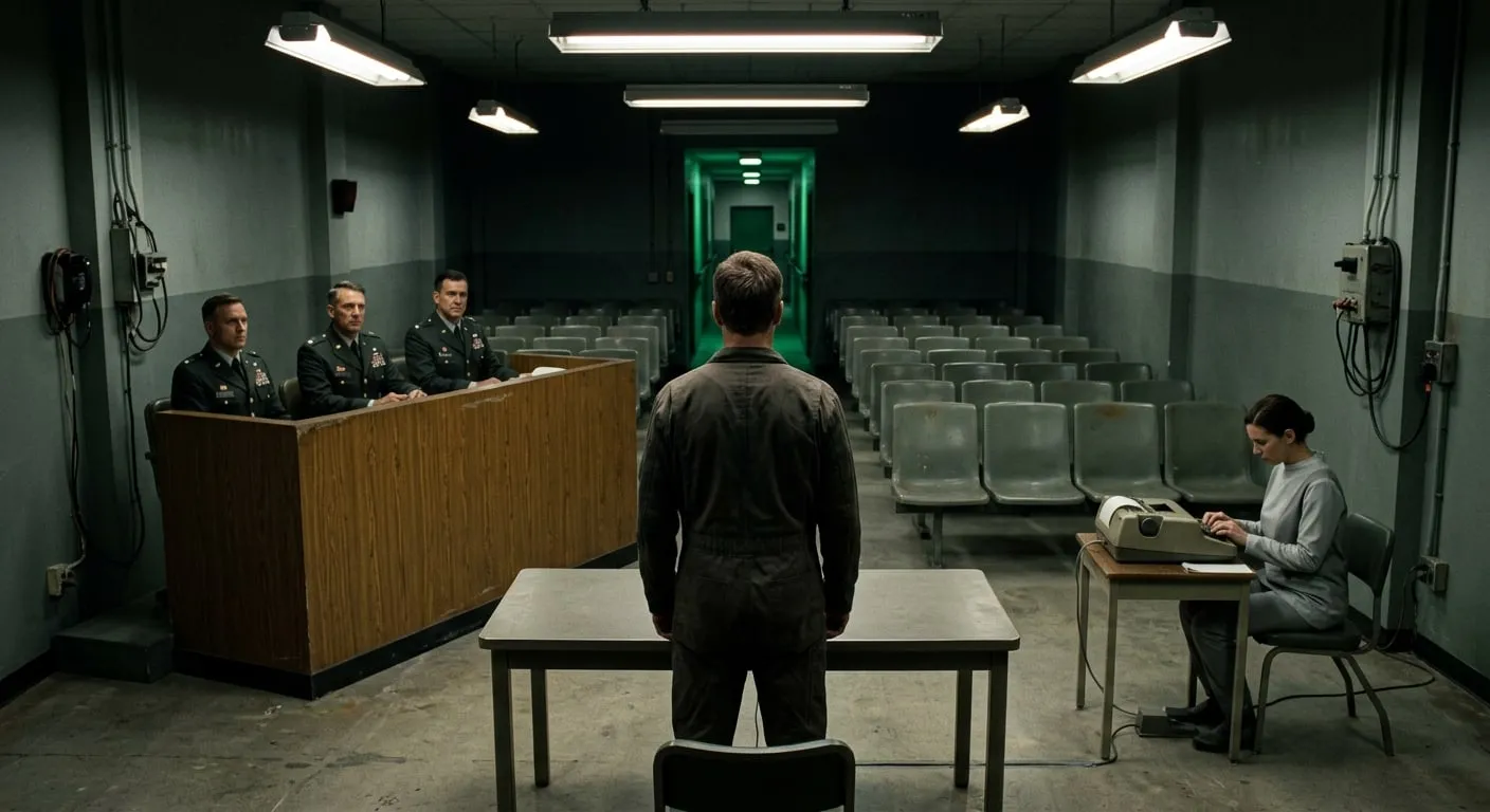The midnight tribunal — Three officers, one man alone at a plain table, and a gallery with nobody in it. The verdict was written before the room was filled — which is why the room was never filled.