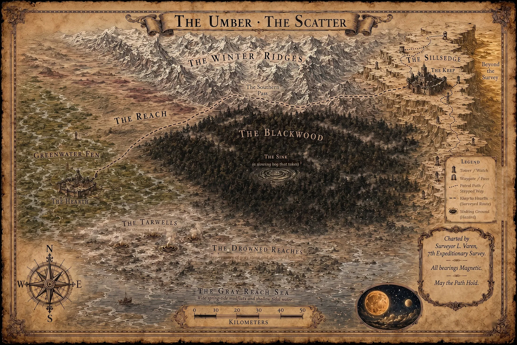 The Umber · The Scatter — the chart for The Umber Cycle, showing The Winter Ridges, The Southern Pass, The Reach, The Blackwood and other locations.