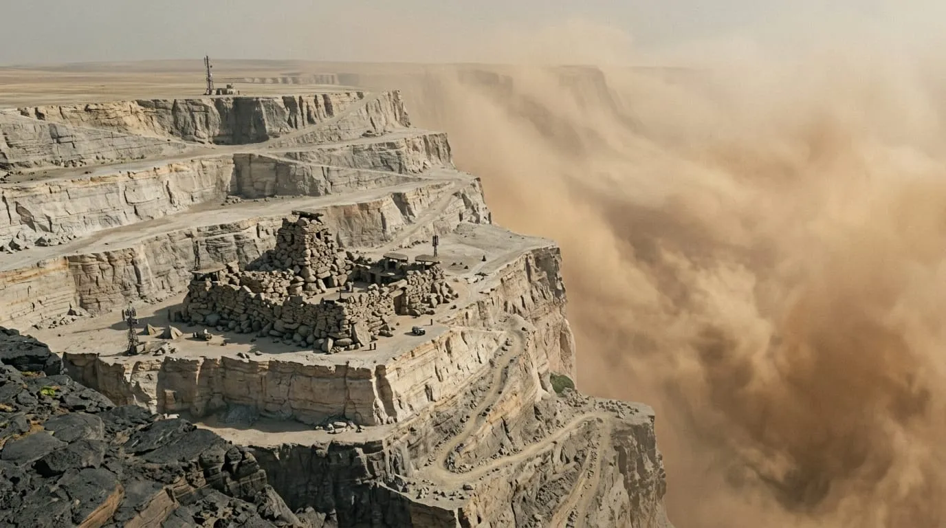 The Sillsedge — Pale stone cut into enormous natural terraces, with a keep built directly into one of them and a switchback path stitching the levels together. Past the cliff edge the land goes into golden haze and stops being mapped. This is the cold high ground where the rimeberries grow, and where nothing lives that cannot take a freeze.